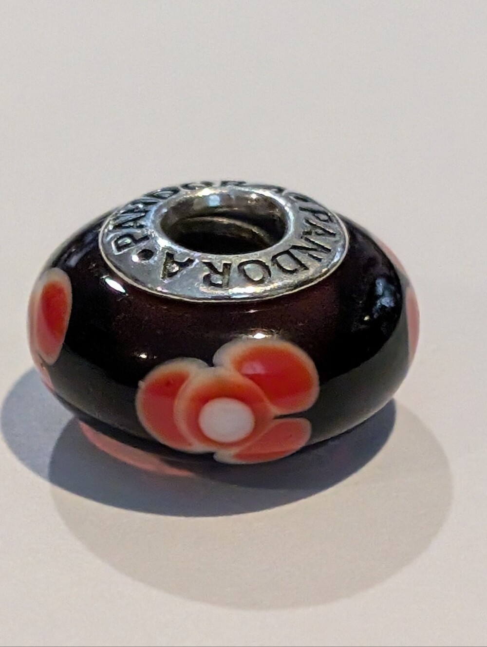 🖤 Pandora Black Glass Charm Bead with Coral Pink Flower Accents
